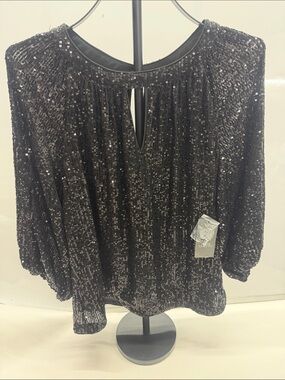 Vince Camuto Black Sequin Keyhole Blouse